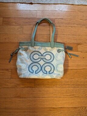 Vintage Y2K 2000s Coach Audrey Tote Op Art Swirl Jacquard Leather Pastel Blue